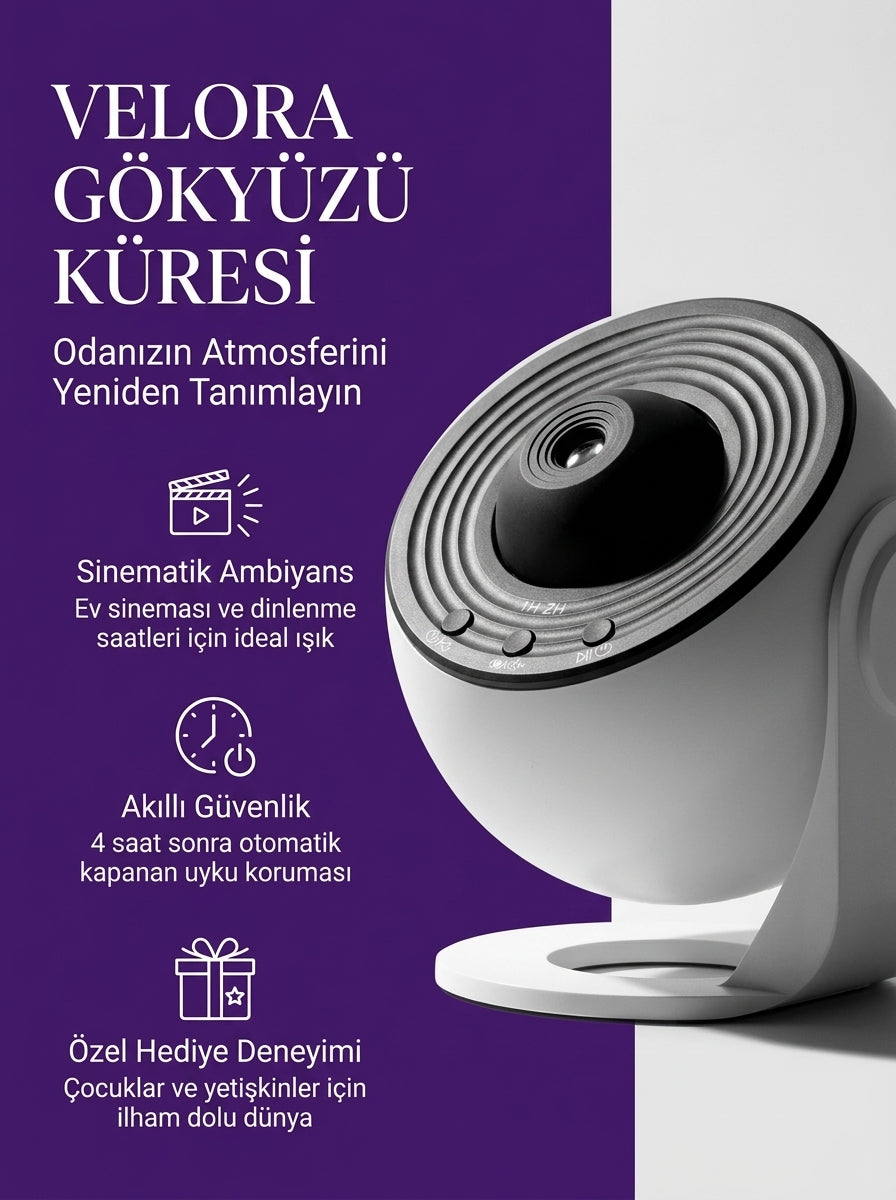 VELORA™ Gökyüzü Küresi – 12 Film Diskli Gerçekçi HD Galaksi Projektörü & Gece Lambası
