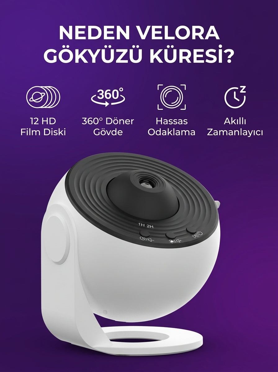 VELORA™ Gökyüzü Küresi – 12 Film Diskli Gerçekçi HD Galaksi Projektörü & Gece Lambası