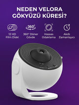 VELORA™ Gökyüzü Küresi – 12 Film Diskli Gerçekçi HD Galaksi Projektörü & Gece Lambası